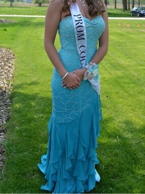 Strapless Turquoise Beaded Mermaid Prom Dress
